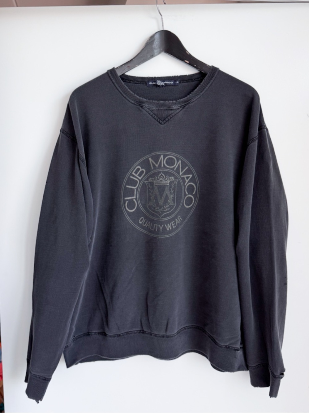 Vintage 90s Club Monaco Crest Sweatshirt Thrashed Distressed Faded Black Large